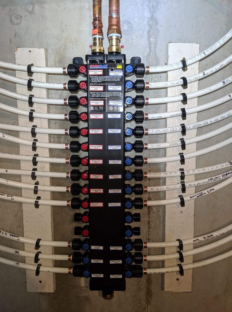 Labeled PEX manifold with hot and cold runs